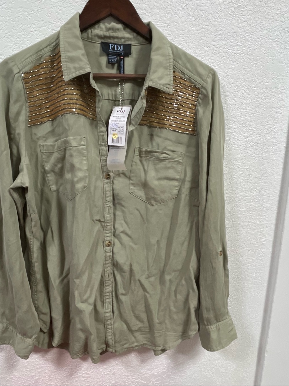 FRENCH DRESSING Embellished Button Up Shirt Sequin & Sage Green Women's M